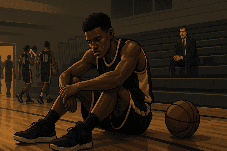 High school basketball player walking out of gym at night with college recruiter in background, representing the pressure and reality of D1 dreams.